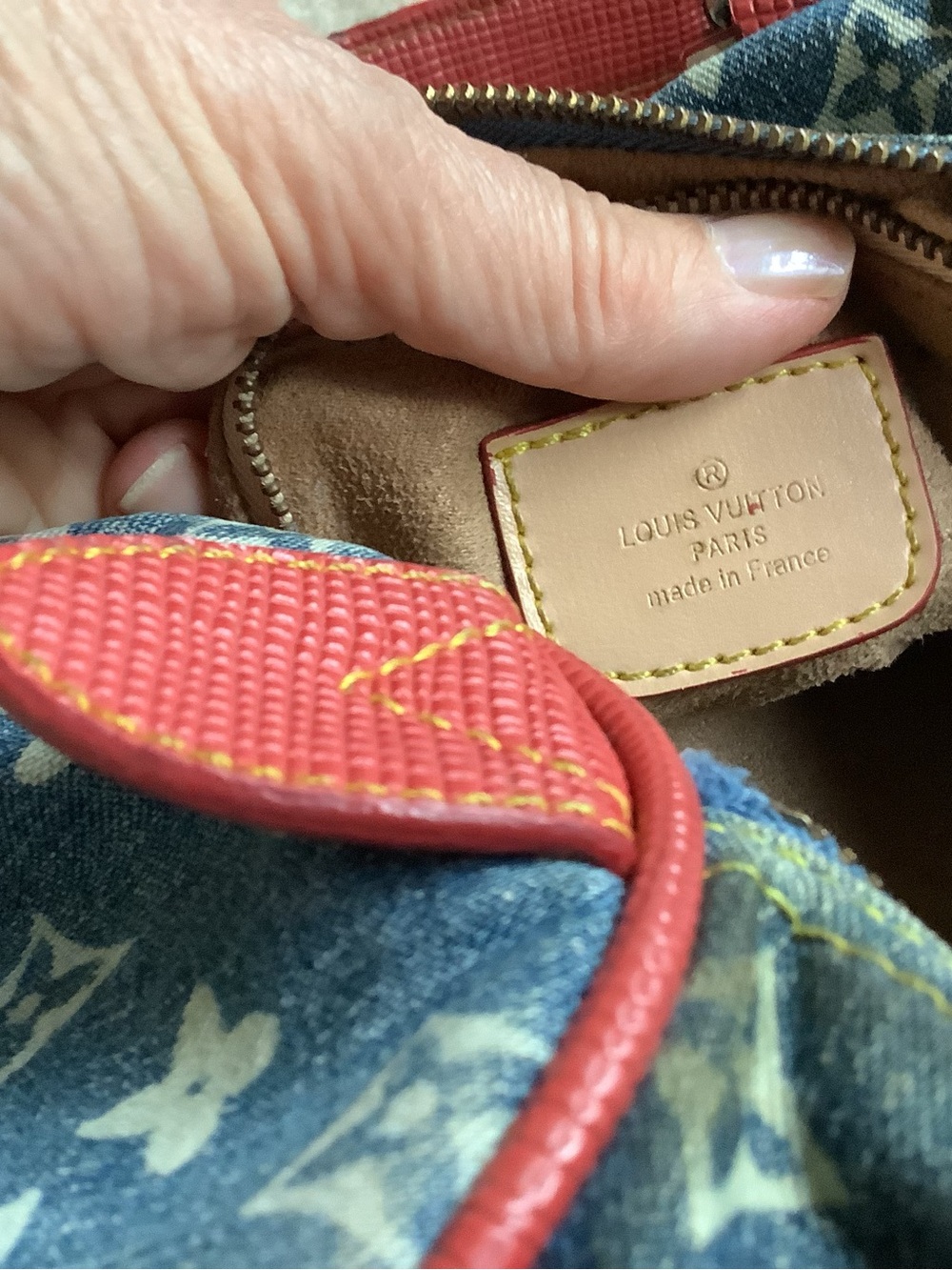 Denim and white, handbag. Red trim.  Signs of use. - Picture 16 of 16